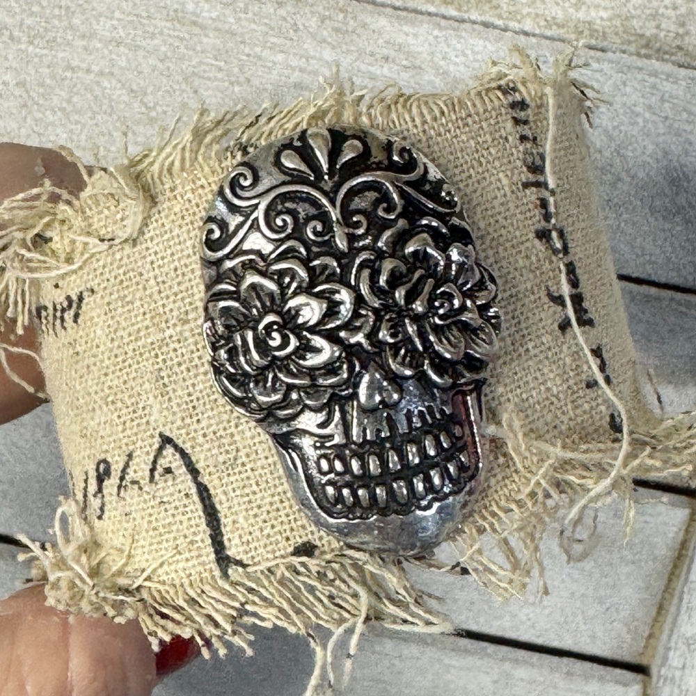 Silver Sugar Skull Bracelet Adjustable Boho Gothic Day of the Dead Statement